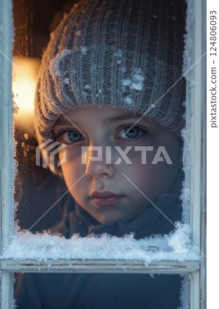Cozy winter evening: child gazes through frosted window capturing warmth and wonder 124806093