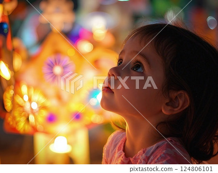Curious child gazing at festive lanterns in vibrant colors - magical holiday atmosphere 124806101