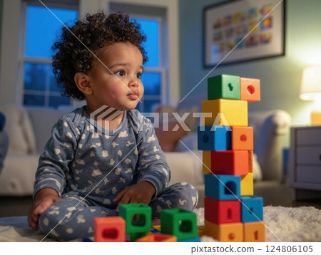 Curly-haired toddler engaged in creative play with colorful building blocks in cozy living room setting. 124806105