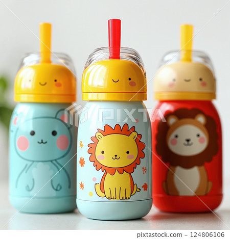 Cute animal-themed children's sippy cups with colorful lids for playful mealtime fun Cute animal-themed children's sippy cups with colorful lids for playful mealtime fun 124806106