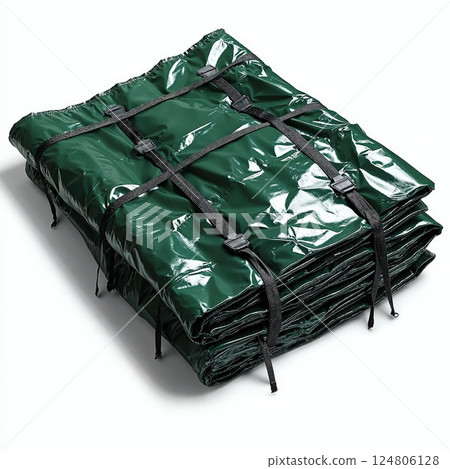 Durable green waterproof tarp with secure straps for outdoor equipment protection 124806128
