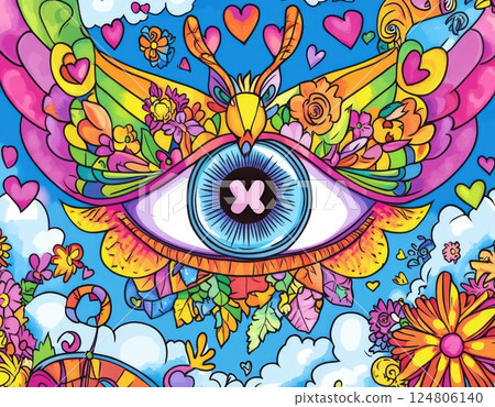 symmetrical pattern with colorful geometric shapes and an eye in the center. 124806140