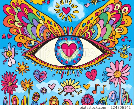 symmetrical pattern with colorful geometric shapes and an eye in the center. 124806141