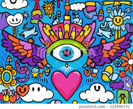 symmetrical pattern with colorful geometric shapes and an eye in the center. 124806142
