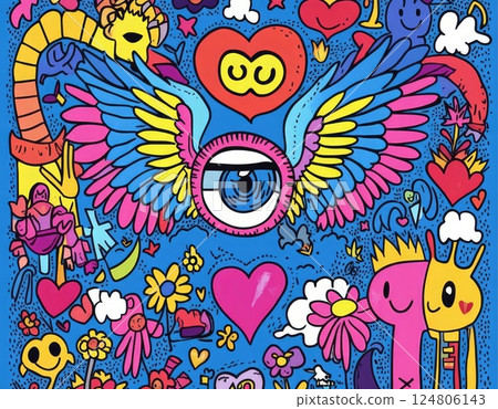 symmetrical pattern with colorful geometric shapes and an eye in the center. 124806143