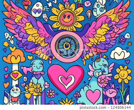 symmetrical pattern with colorful geometric shapes and an eye in the center. 124806144
