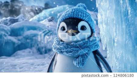 Penguin wearing an oversized scarf and hat stands in front of blue icebergs. Penguin wearing an oversized scarf and hat stands in front of blue icebergs. 124806180