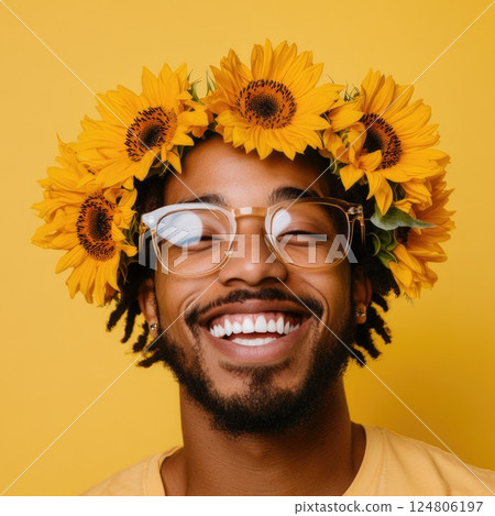 woman wearing large sunflower shaped glasses smiling 124806197