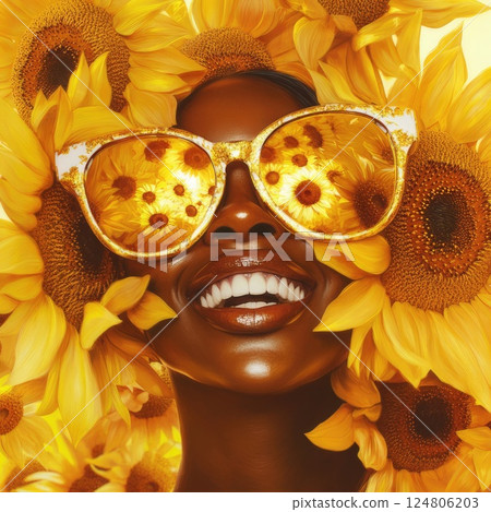 woman wearing large sunflower shaped glasses smiling woman wearing large sunflower shaped glasses smiling 124806203