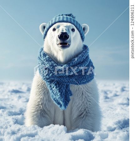 A polar bear wearing a blue scarf and hat stands in the snow. 124806211