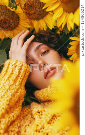 A close up of a person wearing a yellow sweater with their hand on their face. 124806214