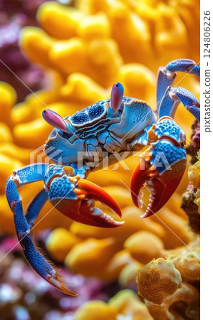 A blue crab with orange claws underwater photography vibrant colors. 124806226