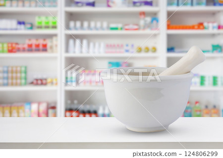 Mortar and pestle on pharmacy counter top with blur medicine shelves in drugstore background Mortar and pestle on pharmacy counter top with blur medicine shelves in drugstore background 124806299