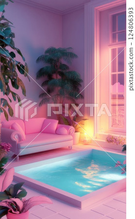 Small outdoor swimming pool in the corner of an open air living room. 124806393