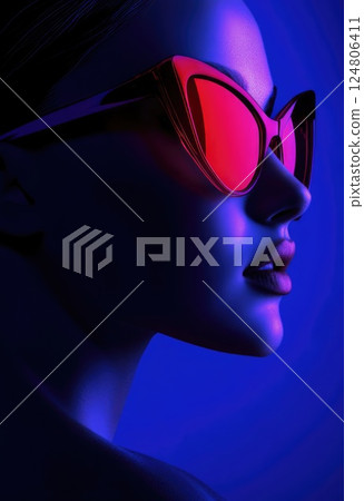 Fashion photography a model with pink and blue lighting on her face. 124806411