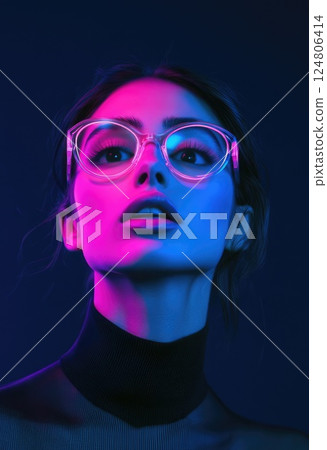 Fashion photography a model with pink and blue lighting on her face. 124806414
