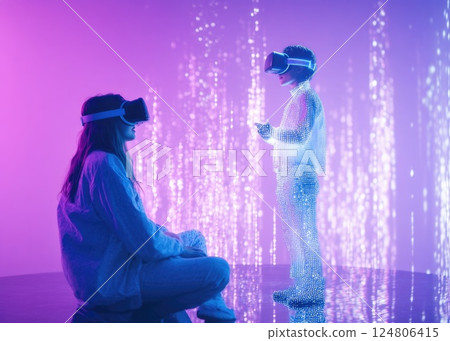 Virtual reality scene of two people wear VR interacting with holographic projections. 124806415