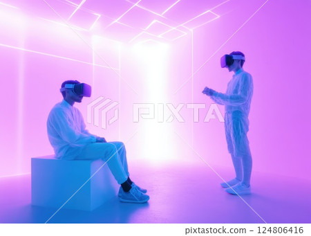 Virtual reality scene of two people wear VR interacting with holographic projections. 124806416