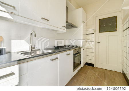 A sleek and stylish modern kitchen featuring minimalistic cabinetry, stainless steel appliances, and a clean, organized layout. Perfect for contemporary living. A sleek and stylish modern kitchen featuring minimalistic cabinetry, stainless steel appliances, and a clean, organized layout. Perfect for contemporary living. 124806592