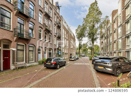 Charming urban street lined with unique buildings, lush green trees, and parked cars, showcasing a peaceful neighborhood atmosphere. 124806595