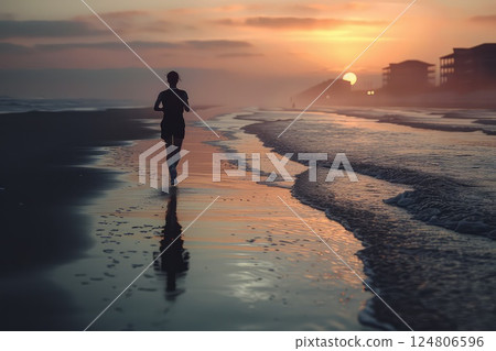 Silhouette of a running woman on the beach during sunset. The silhouette of a woman running by the shore during sunset reflects the beauty of freedom and nature's wonders. Silhouette of a running woman on the beach during sunset. The silhouette of a woman running by the shore during sunset reflects the beauty of freedom and nature's wonders. 124806596