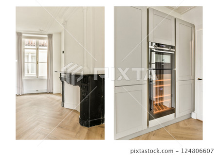 A sophisticated view of a modern kitchen and living room with elegant furnishings. The space features stylish cabinetry and an inviting atmosphere. 124806607