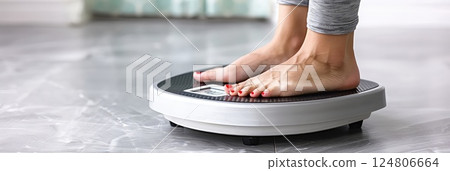 Female feet on the digital weight scales. The courage to confront reality and make positive changes. A moment of bravery: female feet on the scales, ready to face the truth and grow. 124806664