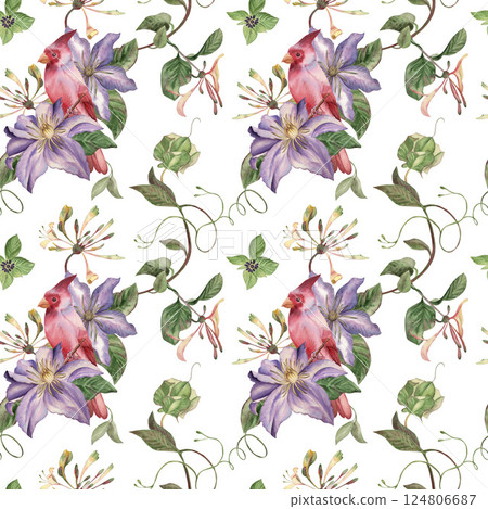Seamless pattern with red cardinal bird, purple clematis, roses, honeysuckle. The watercolor illustration is hand-drawn in a botanical style. For wallpaper design, textiles, fabrics, packaging, cards Seamless pattern with red cardinal bird, purple clematis, roses, honeysuckle. The watercolor illustration is hand-drawn in a botanical style. For wallpaper design, textiles, fabrics, packaging, cards 124806687