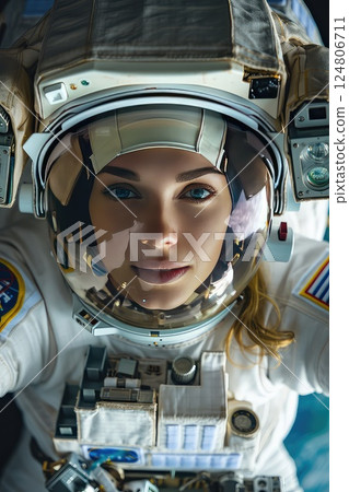 Close-up of a Caucasian female astronaut in a spacesuit. Female astronaut embodies strength and curiosity as she explores the vastness of space. 124806711
