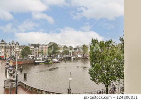 A picturesque scene showcasing a beautiful waterway surrounded by charming historic buildings and lush greenery under a cloudy sky. 124806811