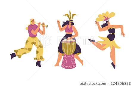Brazilian Festival with People Dancing and Playing Musical Instrument Vector Set 124806828