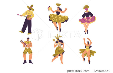 Brazilian Festival with People Dancing and Playing Musical Instrument Vector Set Brazilian Festival with People Dancing and Playing Musical Instrument Vector Set 124806830