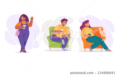 Body Positive Happy Man and Woman Character with Cheerful Smile Vector Illustration Set 124806841