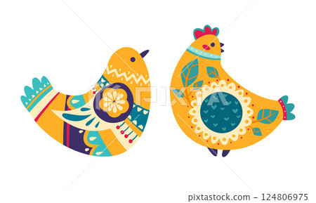 Various Birds with Folk Ornament and Decor Vector Set 124806975