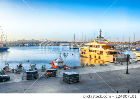 Unbelivable evening view of Alghero port . Mediterranean seascape. 124807101