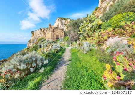 Scenic spring view on the the cape Milazzo panorama of nature reserve Piscina di Venere. 124807117