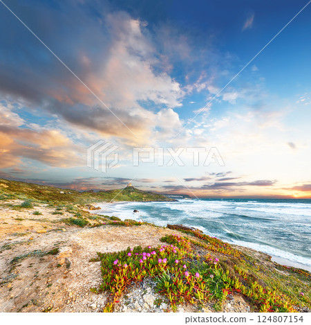 Attractive view of  Capo San Marco Lighthouse on Del Sinis peninsula. 124807154