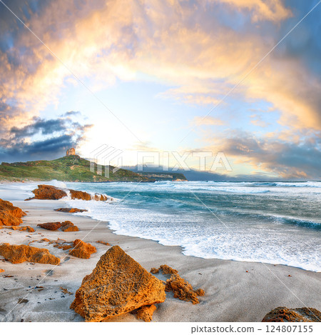 Attractive view of  Capo San Marco Lighthouse on Del Sinis peninsula. 124807155