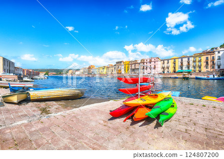 Unbelivable cityscape of Bosa town on Temo river. 124807200
