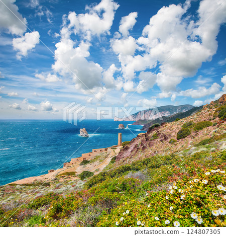 Attractive spring view of ancient ruins of Laveria Lamarmora (Miniera di Nebida). 124807305