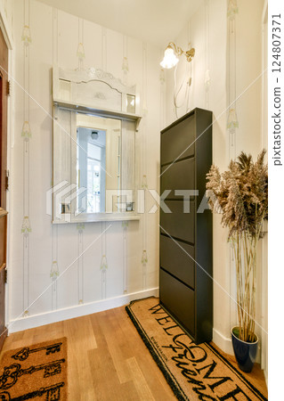 A stylish entryway featuring a sleek mirror, contemporary drawer unit, and decorative elements that create a welcoming atmosphere. 124807371