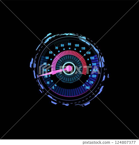 Vector illustration of car speedometer panel in neon blue and pink colors with arrow and dial. 124807377
