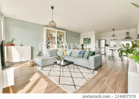 A stylish modern living room featuring a cozy sofa, vibrant plants, and a well-organized bookshelf, creating an inviting ambiance for relaxation. A stylish modern living room featuring a cozy sofa, vibrant plants, and a well-organized bookshelf, creating an inviting ambiance for relaxation. 124807378