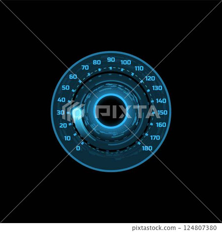 Vector speedometer dashboard with dial, blue, neon, glowing color. 124807380