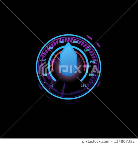 Car speedometer, digital neon gauge with big arrow, vector speed accelerate measurement indicator, progress bar display 124807382