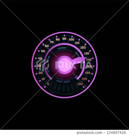 Car speedometer, digital neon gauge with big purple arrow, vector speed accelerate measurement indicator, progress bar 124807426