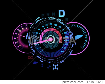 Car dashboards with dial, numbers, gauges and scale. Illustration in neon blue and pink led. 124807429