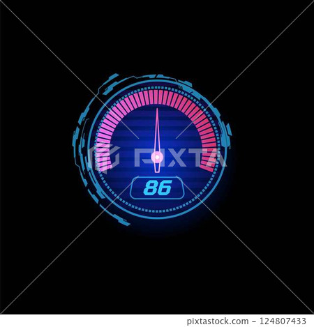 Auto speedometer dashboard, digital neon LED light gauge, vector speed motion panel, progress bar, accelerate indicator 124807433
