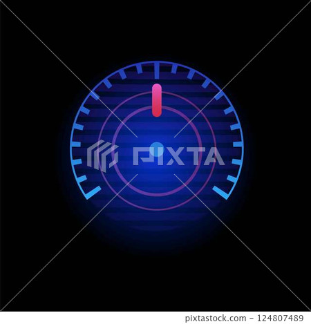 Blue neon speedometer dashboard interface with arrow, vector illustration. 124807489