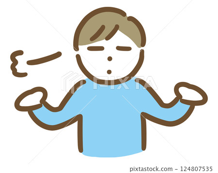 A young man in civilian clothes (upper body, front view) raises both hands in exasperation, saying "Oh dear." A young man in civilian clothes (upper body, front view) raises both hands in exasperation, saying "Oh dear." 124807535